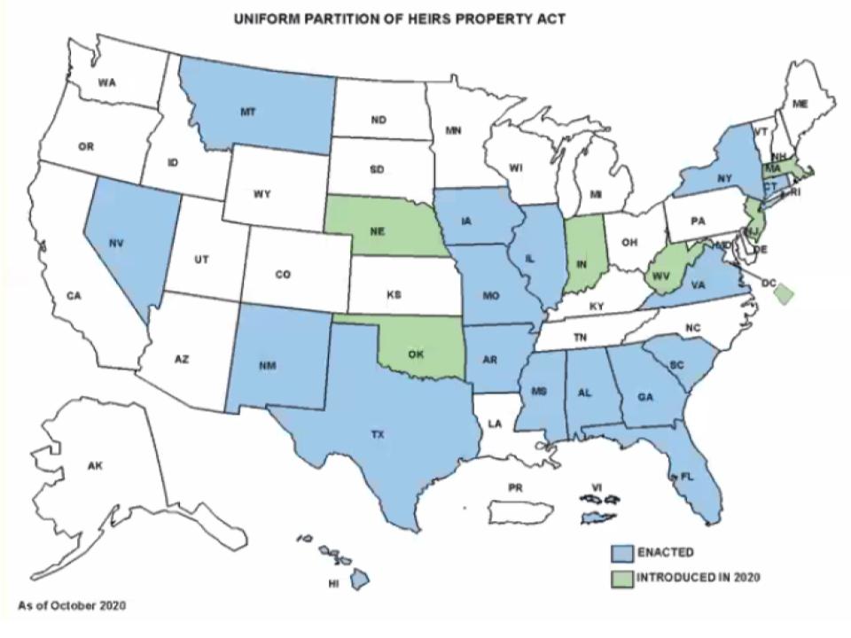US map status of states with Uniform Partition of Heirs Property Act 