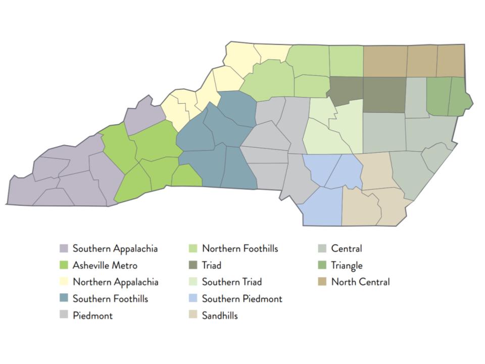 A map of western North Carolina with each county being seperated into regions.