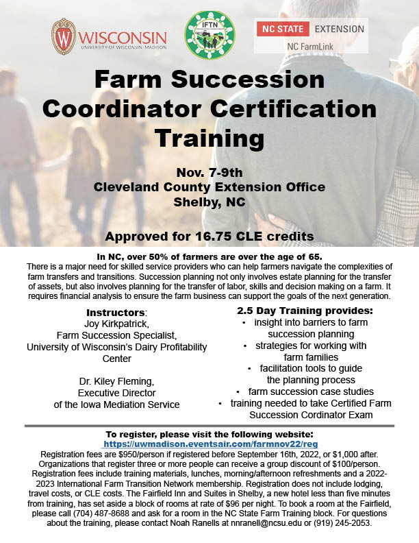 Farm Succession Coordinator Certification training. November 7-9th, N.C. Cooperative Extension, Cleveland County Center Shelby, NC.